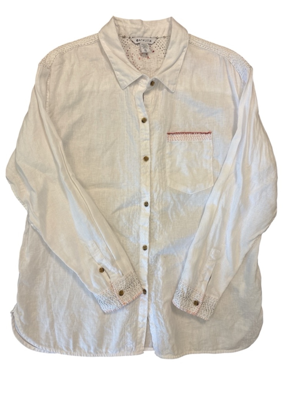 Athleta 100% Linen Embroidered White Button Down, XL